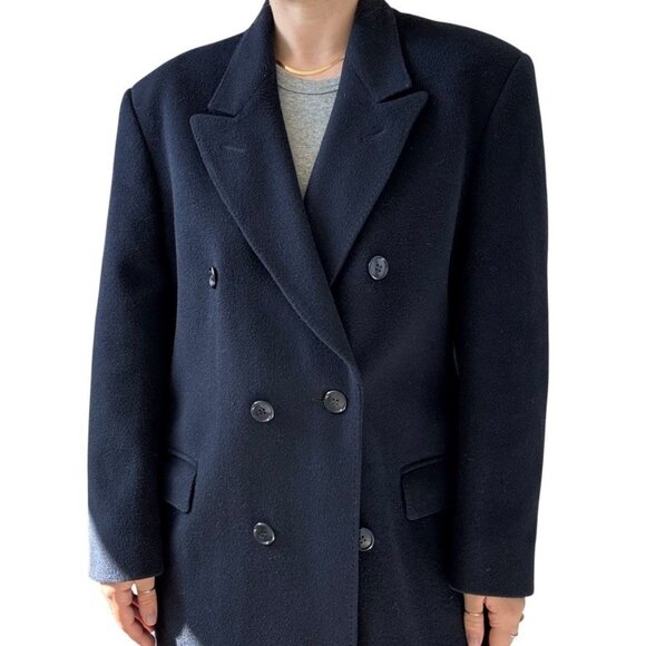 Vintage 1970s Navy Blue 100% Wool Made in England Double Breasted Trench Coat - Picture 8 of 11